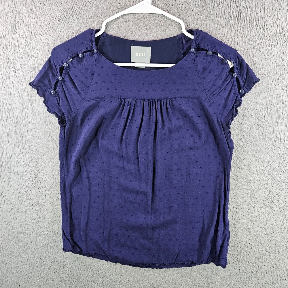 Maeve Anthropologie Navy Blue Swiss Dot Button Shoulder Cut Out Blouse Size 0